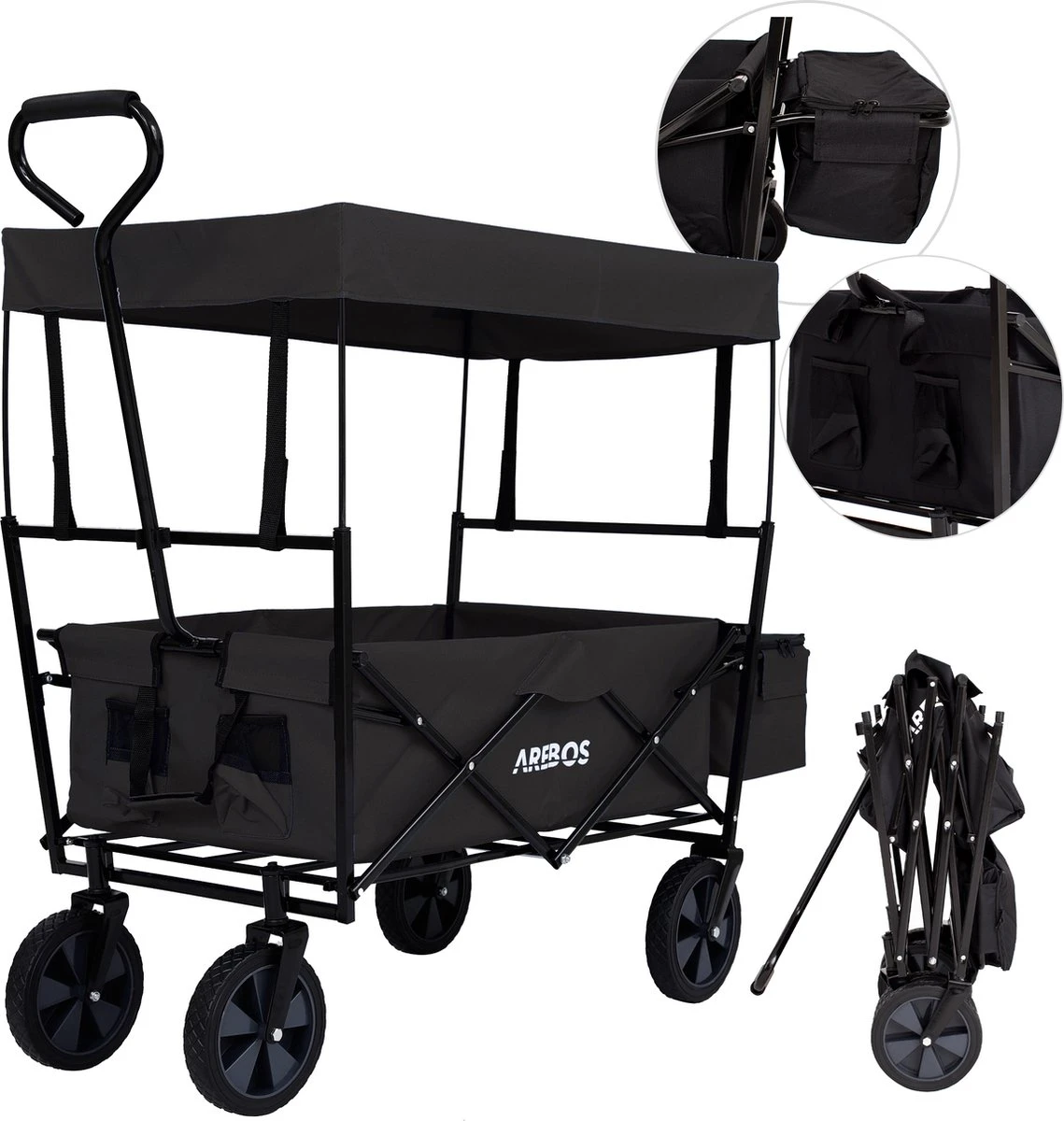 AREBOS Handwagen Vouwbare Dak Handwagen Vouwbare Trolley Uitrustingswagen Zwart