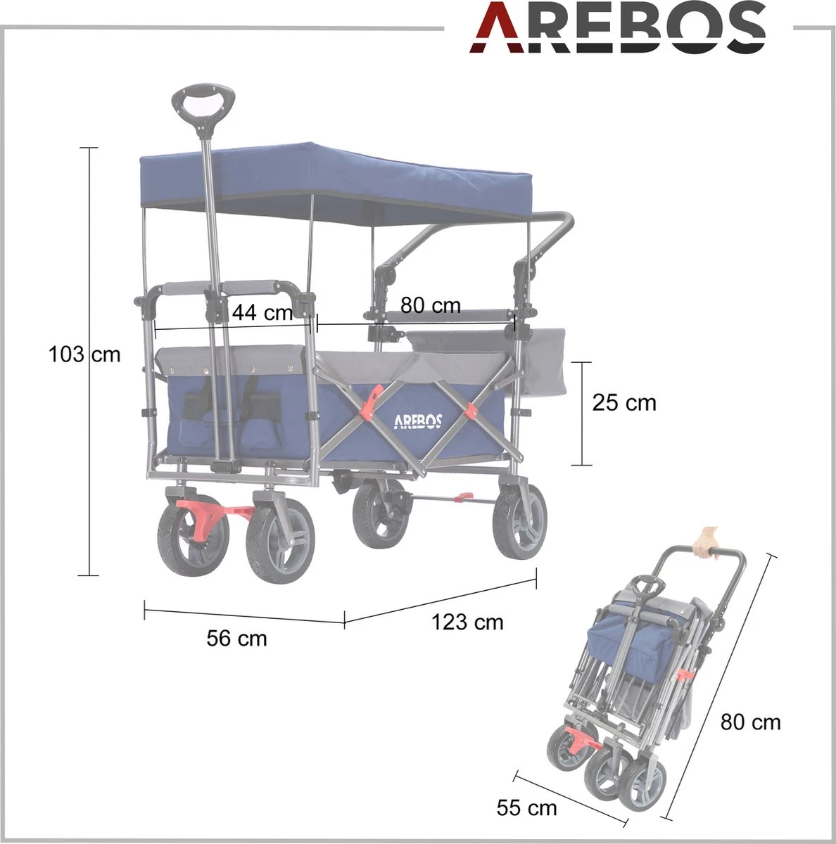 AREBOS Premium Steekwagen Met Dak Opvouwbare Tuinkar Handkar Bolderkar Blauw / Grijs - Afbeelding 6