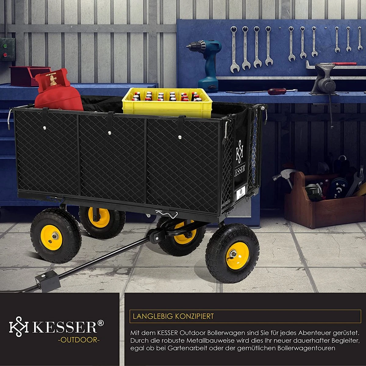 Exxen KESSER® Bolderkar, 550 Kg Belastbaar, Tuinwagen, Transportwagen, Tuinwagen, Uitneembaar Zeil, Gereedschapswagen, Handwagen, Veelzijdig Inzetbaar, Zwart - Afbeelding 2