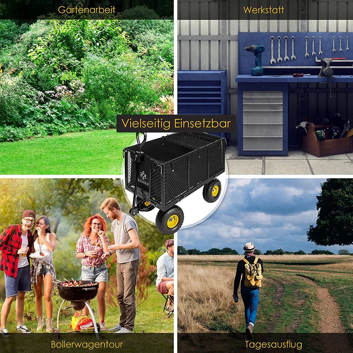 Exxen KESSER® Bolderkar, 550 Kg Belastbaar, Tuinwagen, Transportwagen, Tuinwagen, Uitneembaar Zeil, Gereedschapswagen, Handwagen, Veelzijdig Inzetbaar, Zwart - Afbeelding 7