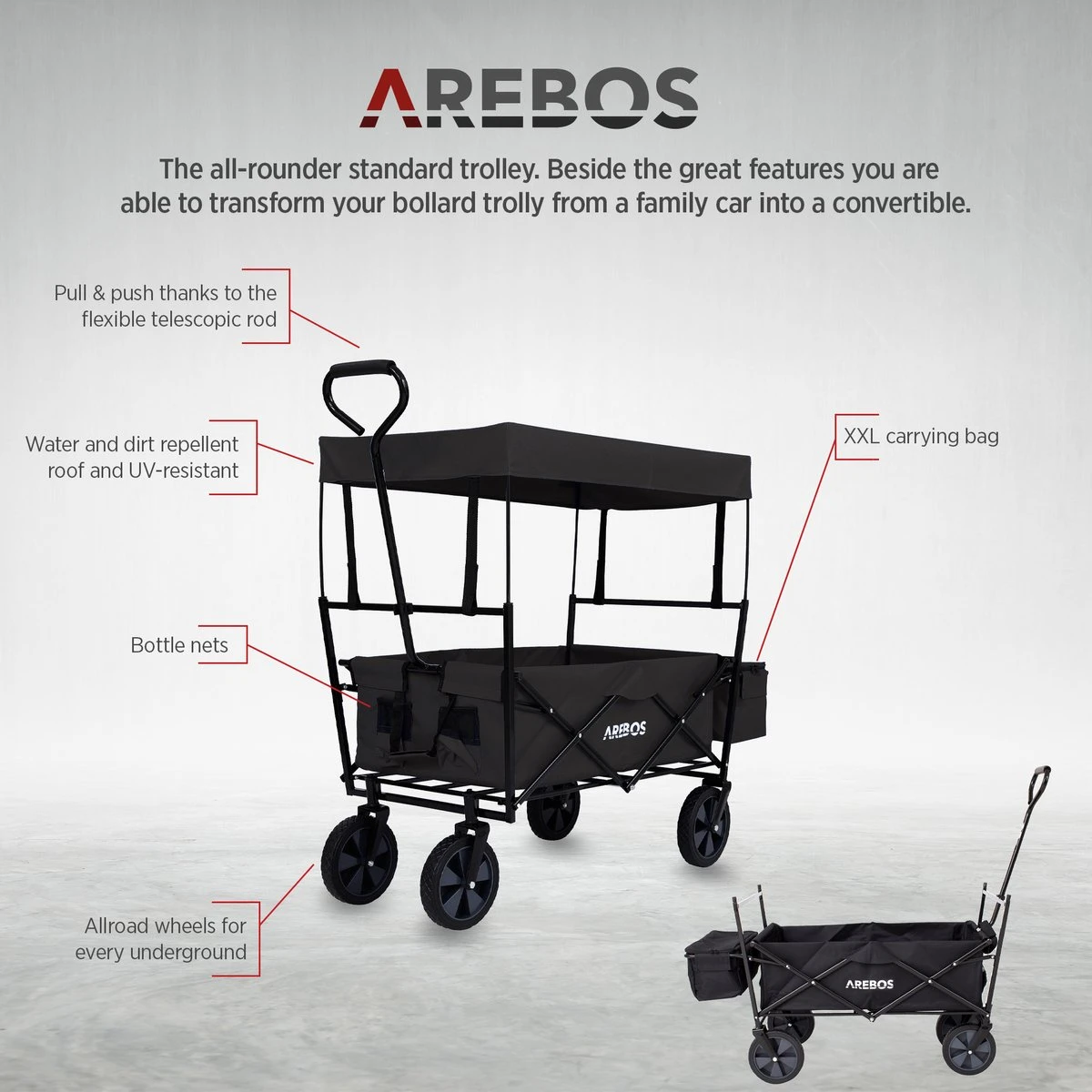 AREBOS Handwagen Vouwbare Dak Handwagen Vouwbare Trolley Uitrustingswagen Zwart - Afbeelding 6