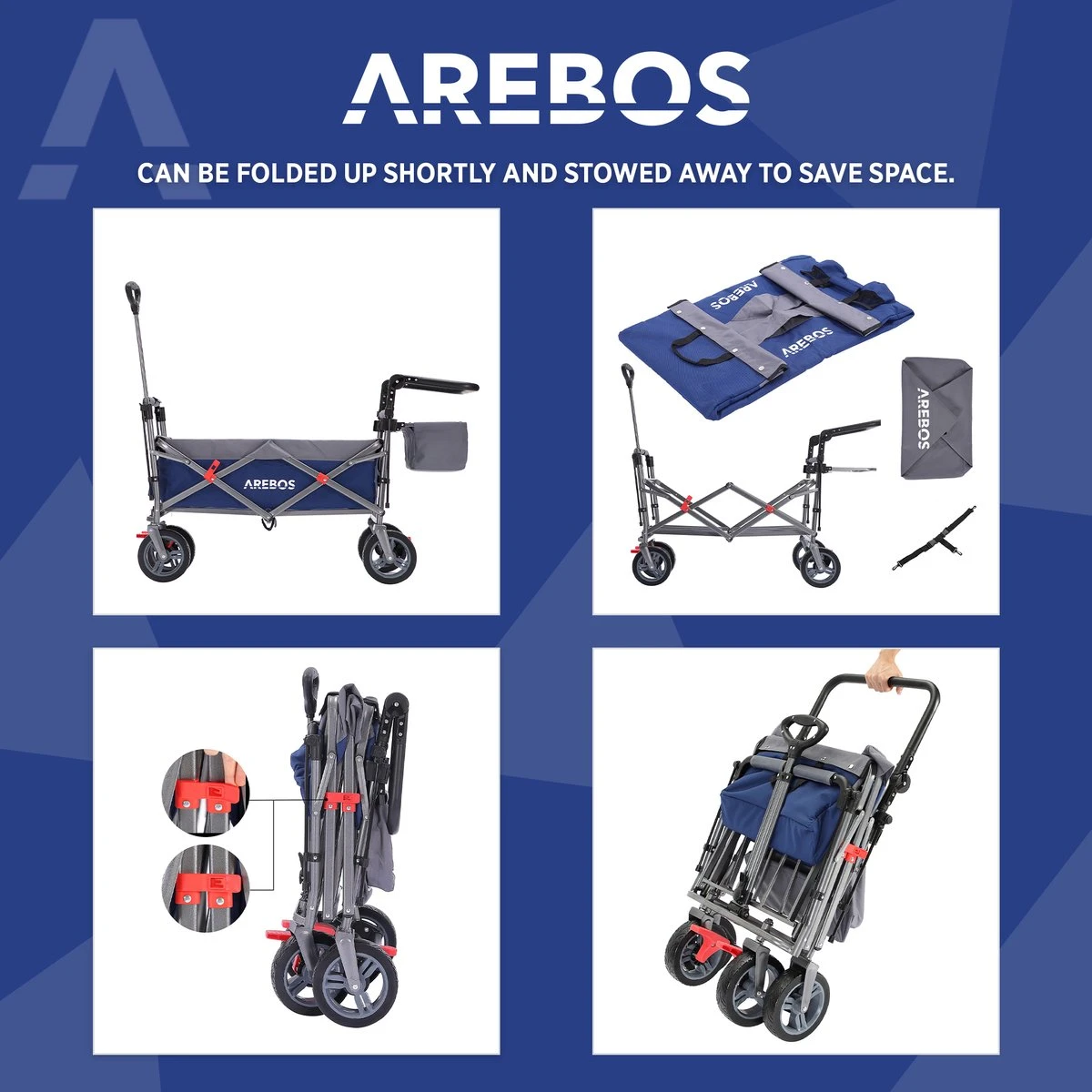 AREBOS Premium Steekwagen Met Dak Opvouwbare Tuinkar Handkar Bolderkar Blauw / Grijs - Afbeelding 9